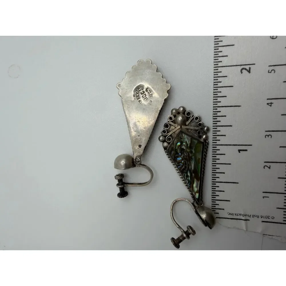 1940s Old Mexico Sterling & Abalone Drop Screw Back Earrings